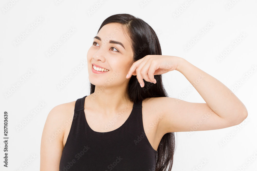 Happy young asian woman with perfect skin and make up isolated on white background. Girl long hairstyle. Copy space. Skincare and anti aging concept. Happy young asian woman with perfect skin and make up isolated on white background. Girl long hairstyle. Copy space. Skincare and anti aging concept.