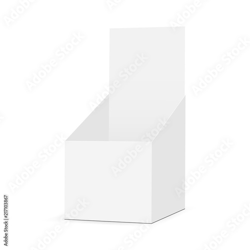 White cardboard display box mock up - half side view. Vector illustration