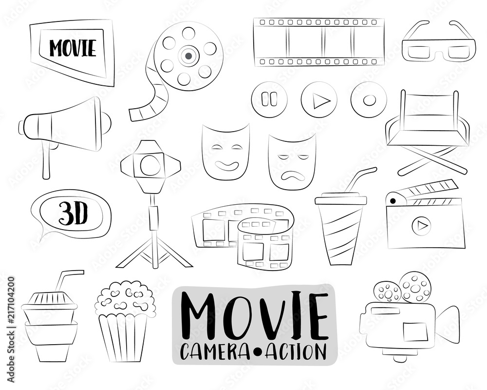 movie-cinema-icons-set-colorful-hand-drawn-doodle-objects-black-and