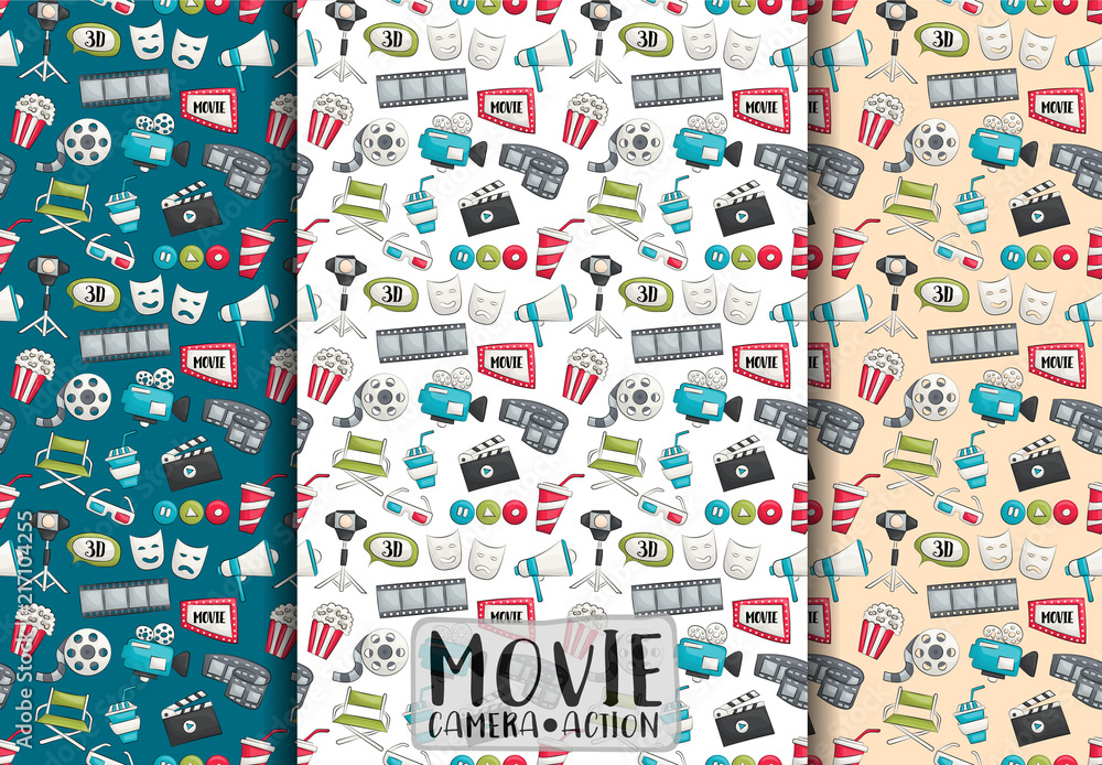 Obraz premium Movie cinema design. Seamless pattern set. Film theme background paper. Vector illustrator.