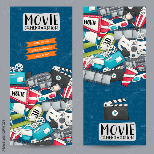Movie cinema theme. Vertical banner template set.  Modern hand drawn doodle design. Vector illustrator.