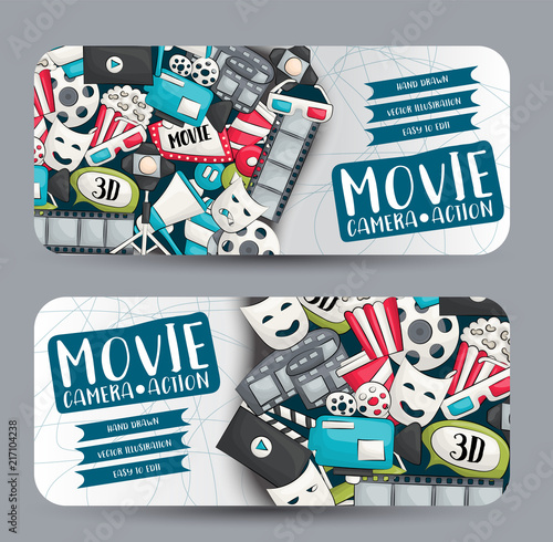 Movie cinema theme. Horizontal banner template set.  Modern hand drawn doodle design. Vector illustrator.
