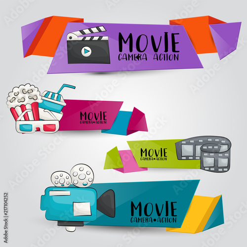 Movie cinema theme. Horizontal banner template set.  Modern hand drawn doodle design. Vector illustrator.