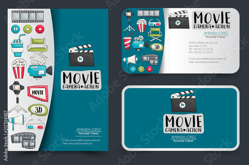 Movie cinema corporate identity design set. Flyer and business cards. Vector illustrator.