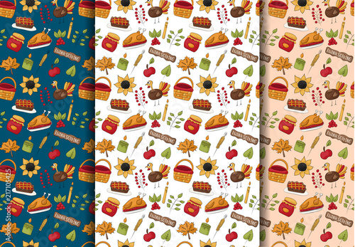 Thanksgiving seamless pattern background set. Traditional holiday food harvest decoration. Repeat backdrop for cover, wrapping paper, wallpaper. Vector illustration.
