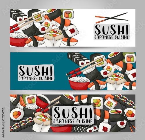 Sushi bar and asian restaurant horizontal banner set. Japanese food advertisement design template. vector illustration.