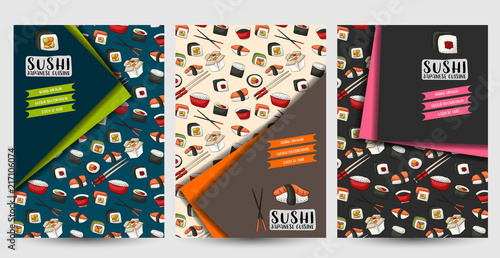 A set of flyers for sushi bar or restaurant. Asian food brochires or menu cover. Vector illustration.