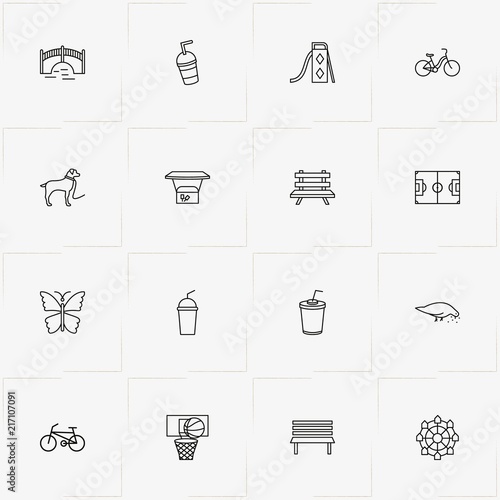 City Park line icon set with ferris wheel, swing slide  and bridge