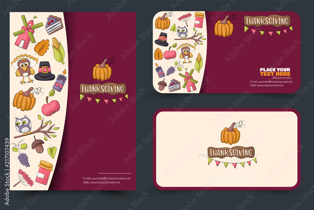 Thanksgiving concept set of a flyer and business cards or banners. Invitation cards to a holiday party. Vector illustration. Thanksgiving concept set of a flyer and business cards or banners. Invitation cards to a holiday party. Vector illustration.