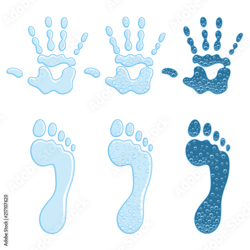 Set of color illustrations with a footprint and a handprint. Isolated vector objects on white background.