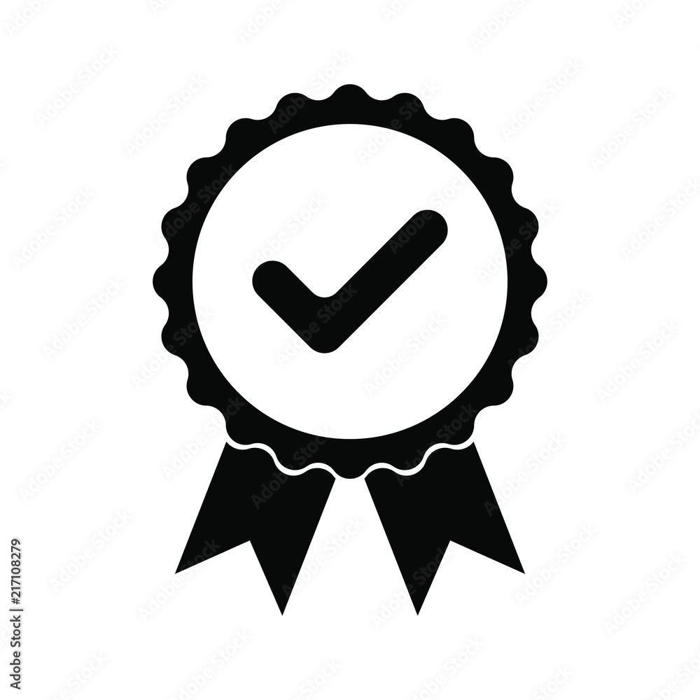 Black icon approved or certified medal. Isolated on white background. Flat design vector illustration. Black icon approved or certified medal. Isolated on white background. Flat design vector illustration.