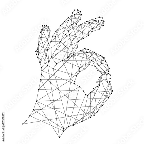 Hand showing OK sign on white background from polygonal black lines and dots. Vector illustration.