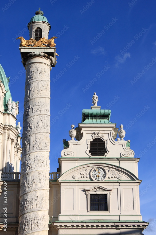 Decorations on St. Charles Church (Karlskirche). Vienna, Austria