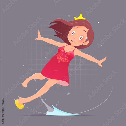 Woman character in red nightdress slipped and fell because the soap in the bathroom. Vector flat cartoon illustration