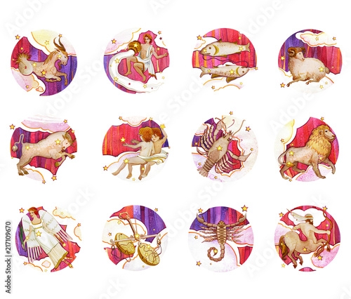 Set of twelve signs of the zodiac, watercolor in retro style. Isolated on a colored  pattern background