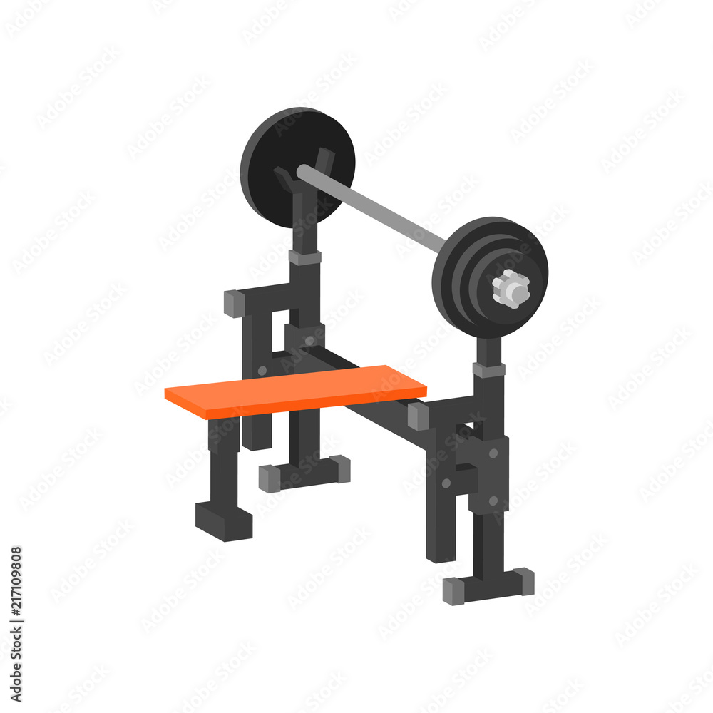 Flat vector icon of bench press machine. Gym equipment for bodybuilding and weightlifting exercises. Sport and healthy lifestyle theme