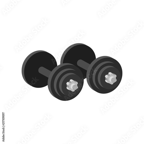 Pair of heavy dumbbells for exercise or muscle-building. Equipment for gym. Sport and healthy lifestyle theme. Flat vector icon