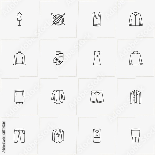 Clothes line icon set with shorts, sewing hank and dress