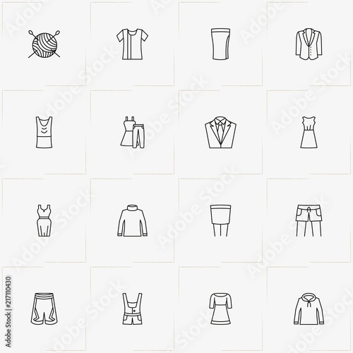 Clothes line icon set with shorts, sewing hank and lady shirt