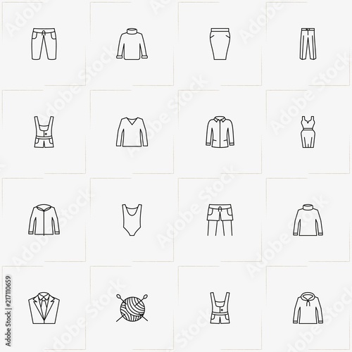 Clothes line icon set with shorts, sewing hank and swimsuit