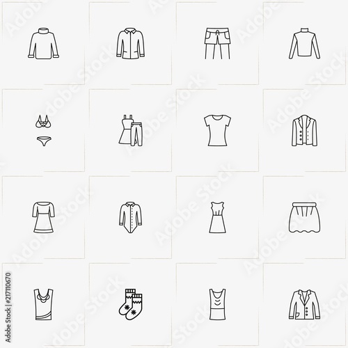 Clothes line icon set with pullover, shorts and swimsuit