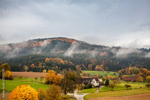 Southern German countryside landscape at autumn herbst, village near Black forests