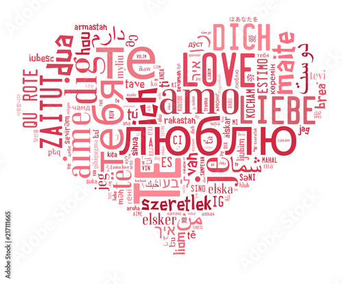 wordcloud Love you in different languages in heart shape