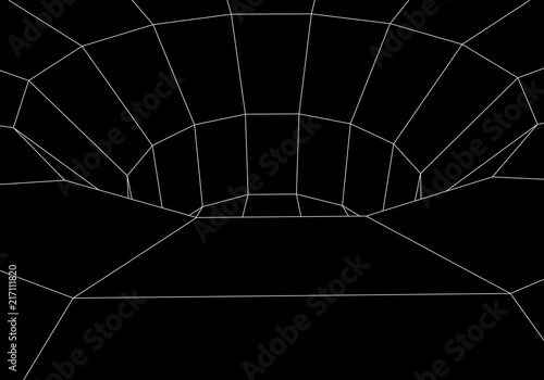 Tunnel or wormhole. Digital 3d wireframe tunnel. 3D tunnel grid. Network cyber technology.