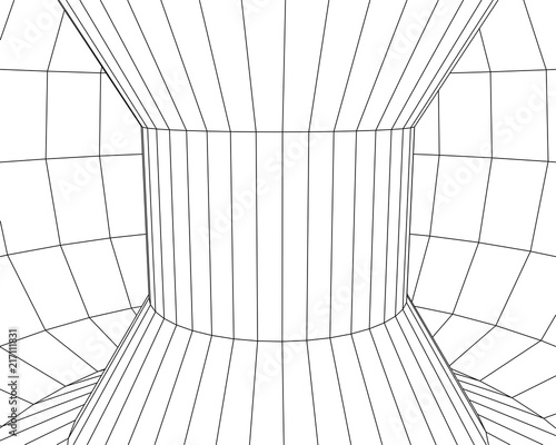 Tunnel or wormhole. Digital 3d wireframe tunnel. 3D tunnel grid. Network cyber technology.