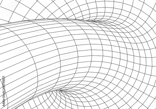 Tunnel or wormhole. Digital 3d wireframe tunnel. 3D tunnel grid. Network cyber technology.