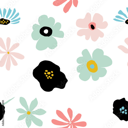 Seamless repeating pattern with floral elements in pastel colors on white background.