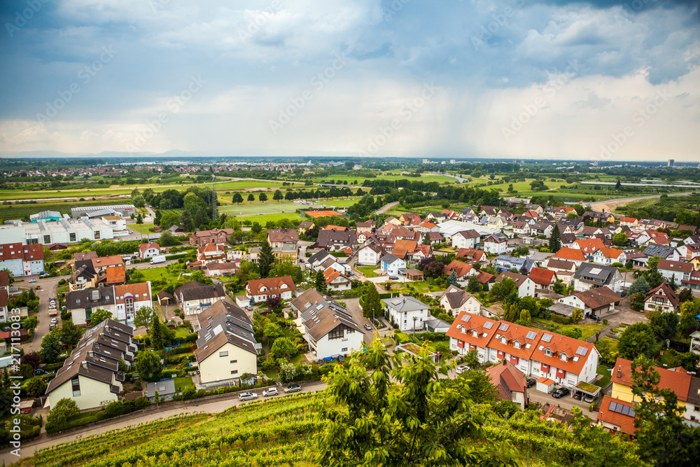 Landscape view to small German village from above aerial with tiny hauses