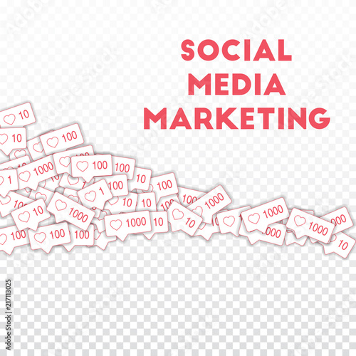 Social media icons. Social media marketing concept. Falling pink like counter. Square shape elements