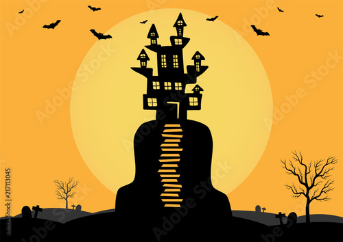 Halloween background vector with dark castle, moon and bat silhouette style of sunset orange light