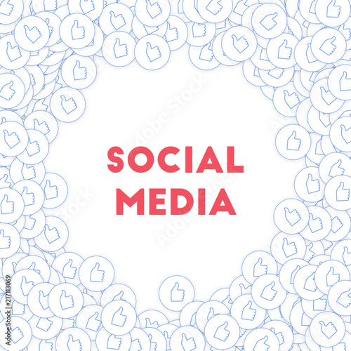 Social media icons. Social media marketing concept. Falling scattered thumbs up. Round random frame 