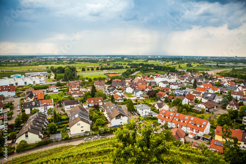 Landscape view to small German village from above aerial with tiny hauses