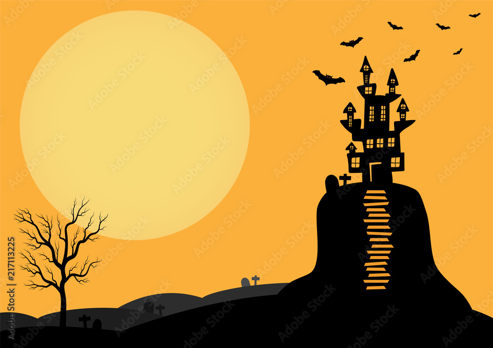 Halloween background vector with dark castle, moon and bat silhouette style of sunset orange light