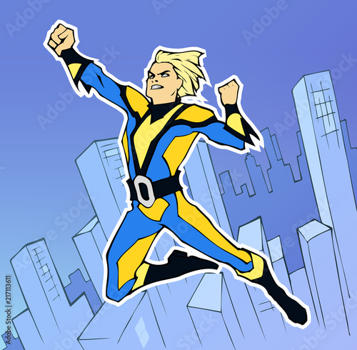 Bright and colorful cartoon comic art illustration of funny and awesome strong athletic superhero in a cool costume flying above the city