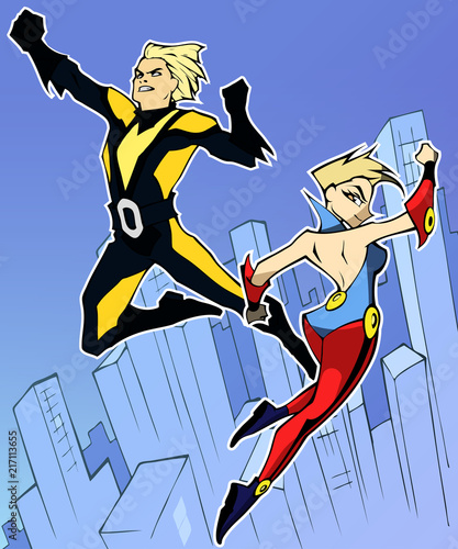 Bright and colorful cartoon comic art illustration of funny and awesome strong athletic superhero in a cool costume flying above the city