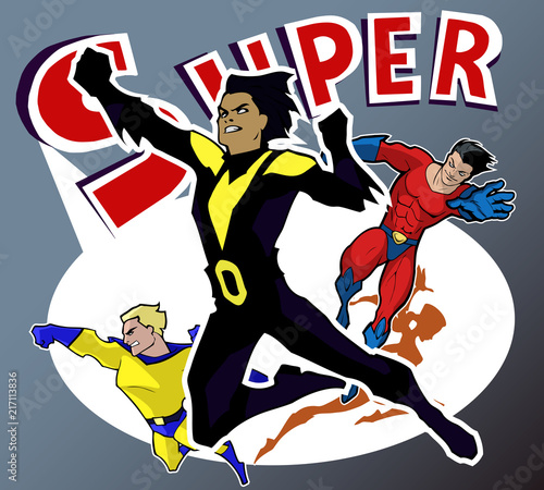 Bright and colorful cartoon comic art illustration of funny and awesome strong athletic superhero in a cool costume flying above the city