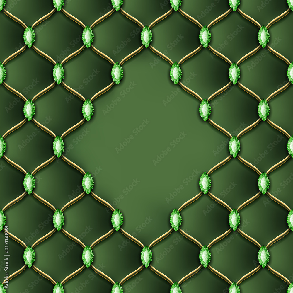 Fototapeta premium Leather upholstery seamless pattern with golden thread and gems. Vector Illustration