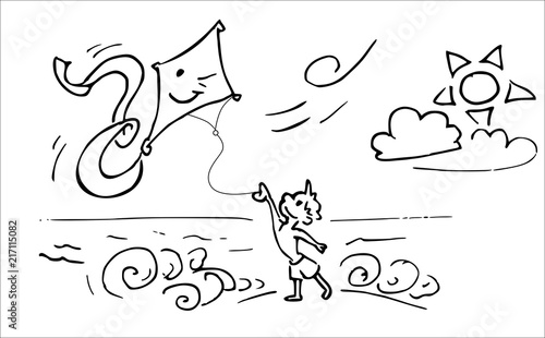 eenvoudige tekening van jongen met vlieger op het strand in de branding
