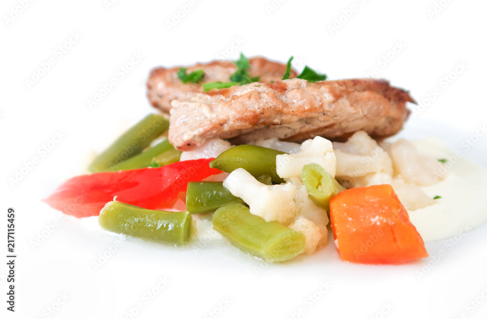 Grilled pork with salad on white background Grilled pork with salad on white background