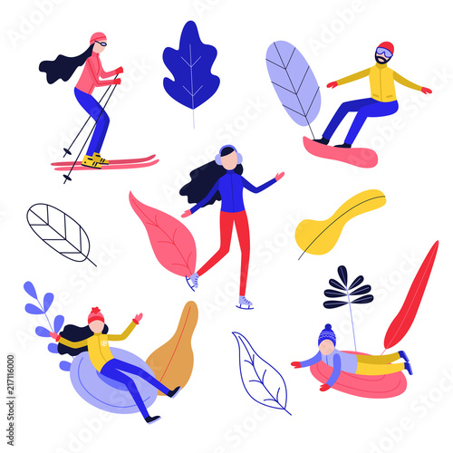Flat people enjoying winter sports with abstract floral elements background set. Man snowboarding, women skiing and ice-skating, girl and boy kid snowtubing outdoors . Vector illustration