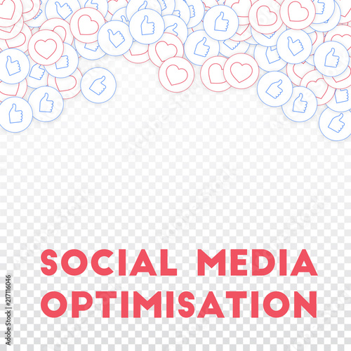 Social media icons. Social media optimisation concept. Falling scattered thumbs up hearts. Mind-blow
