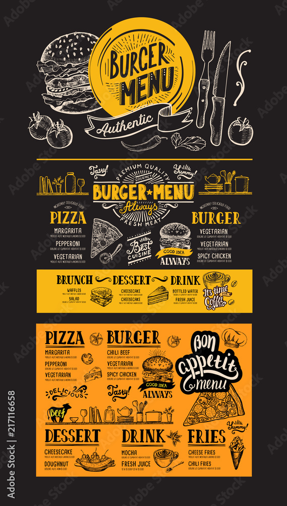 Burger restaurant menu. Vector food flyer for bar and cafe. Design template with vintage hand-drawn illustrations on blackboard background.