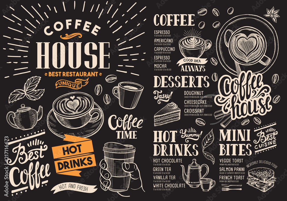 Coffee restaurant menu on chalkboard. Vector drink flyer for bar and