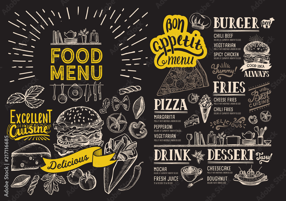 Food menu for restaurant with burger. Vector food flyer for bar and cafe on blackboard background. Design template with vintage hand-drawn illustrations.