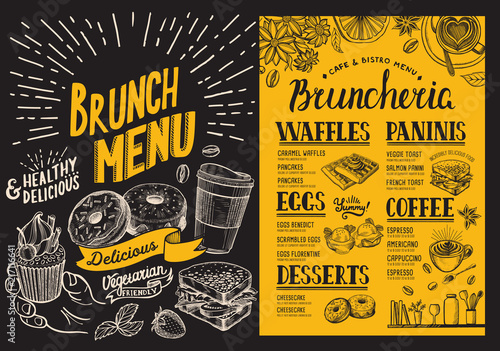 Brunch menu. Food flyer for restaurant and cafe. Design template with vintage hand-drawn illustrations.