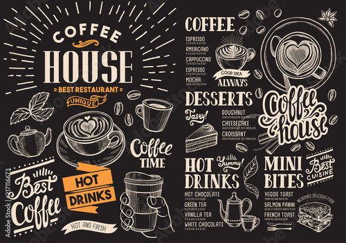 Coffee restaurant menu on chalkboard. Vector drink flyer for bar and cafe. Design template with vintage hand-drawn food illustrations.